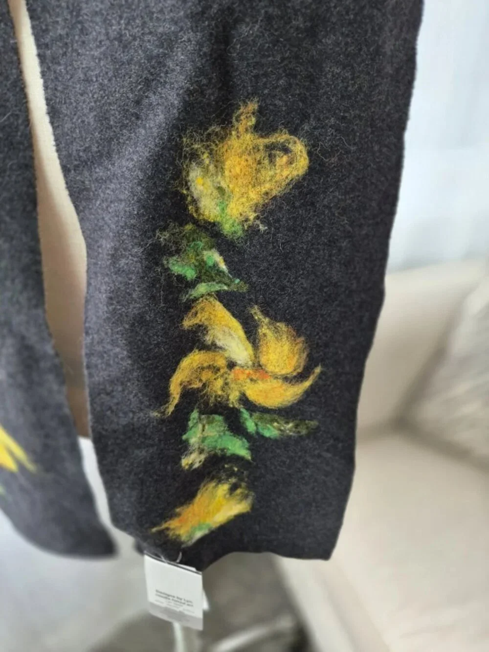 Needle felted art scarf charcoal with yellow flowers NEW artist made wool